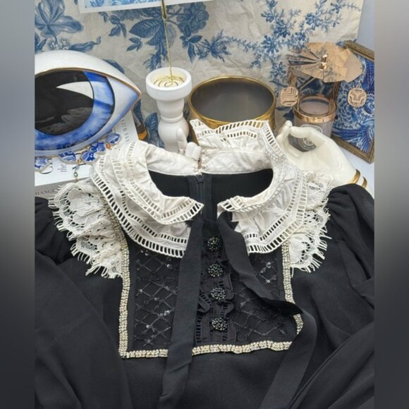 🆕 SELF-PORTRAIT 🧿 NWOT Diamante Trim Mini Dress, Black - Sz US 4 UK 8 - Picture 11 of 15